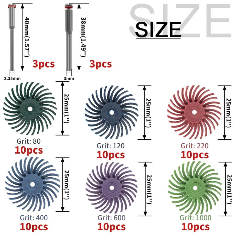 Baisiky 66Pcs 1 Inch Radial Bristle Disc Kit with 1/8" Shank for Rotary Tools,Detail Abrasive Brush for Jewelry Wood Metal Polishing, Bristle Wheel with Grit 80-1000 - Image 2